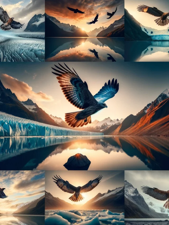 DALL·E 2024-03-03 20.34.48 - A collage of various stages of flight, capturing the fleeting moment between a majestic bird and the glacier. This artistic composition includes the b