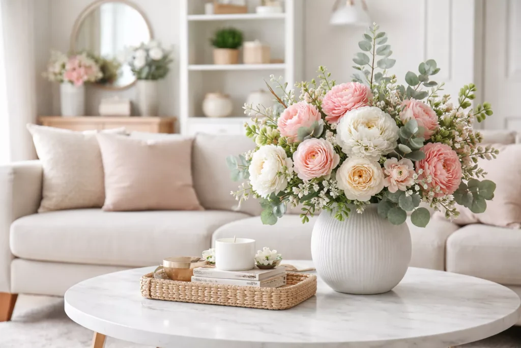 Artificial flower arrangement in white vase on marble coffee table in modern living room